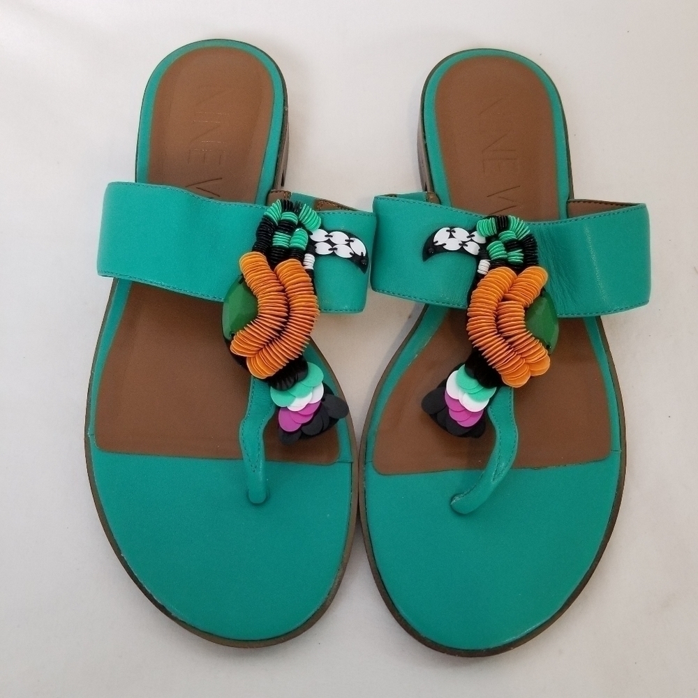 Nine West Teal Beaded Bird leather Thong Sandals